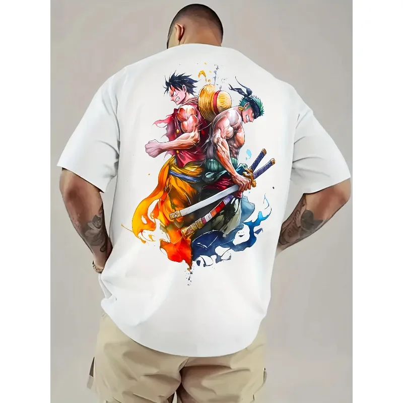 EEN STUK 2025 Zomer heren T-shirt Straat Animatie Terug Print Vlam Aquarel Ontwerp Casual Losse Versie Grafische T-shirt