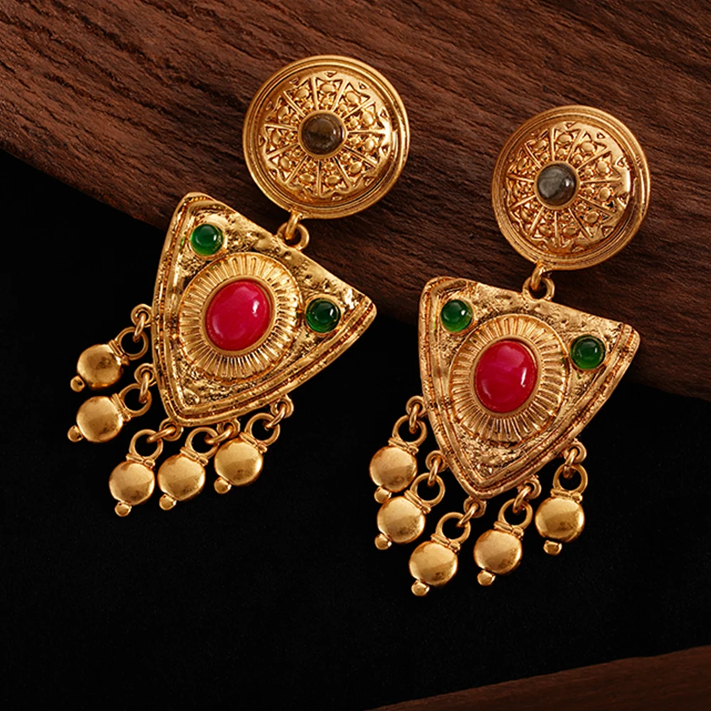 Medieval Retro Red Stone Tassels Gold-plated Earring Classic Vintage Fashion Moroccan Jewelry For Women