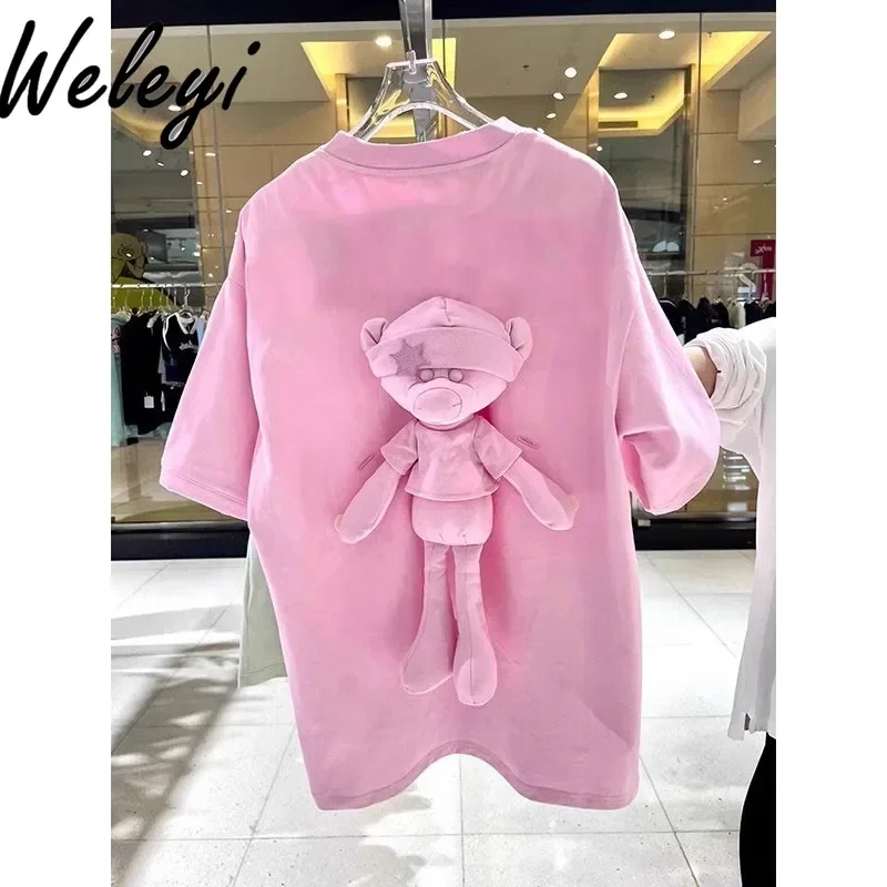 Fashion Trendy T-shirt Women's 2024 Summer All Match and Cute Back Three Dimensional Doll Bear Mid Length Half Sleeve Loose Tops