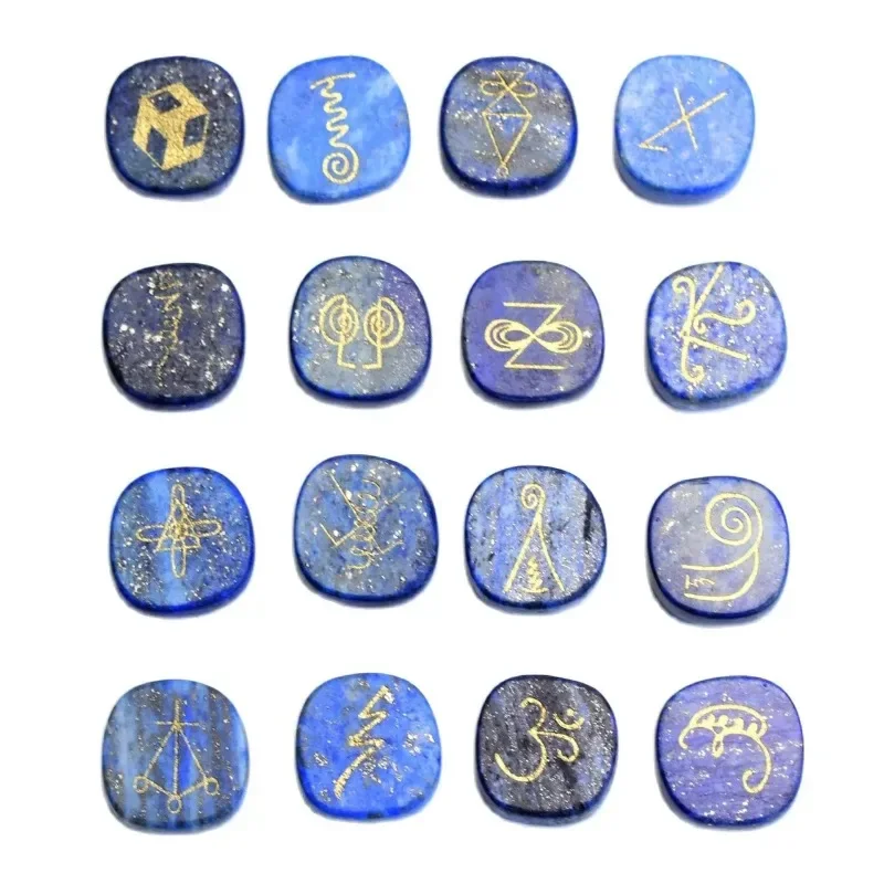 16 PIECES Natural Chakra Semi-precious Amethyst Lapis Tiger Eye Stone Crystal Reiki Healing KARUNA Magic Wiccan Amulet Symbols