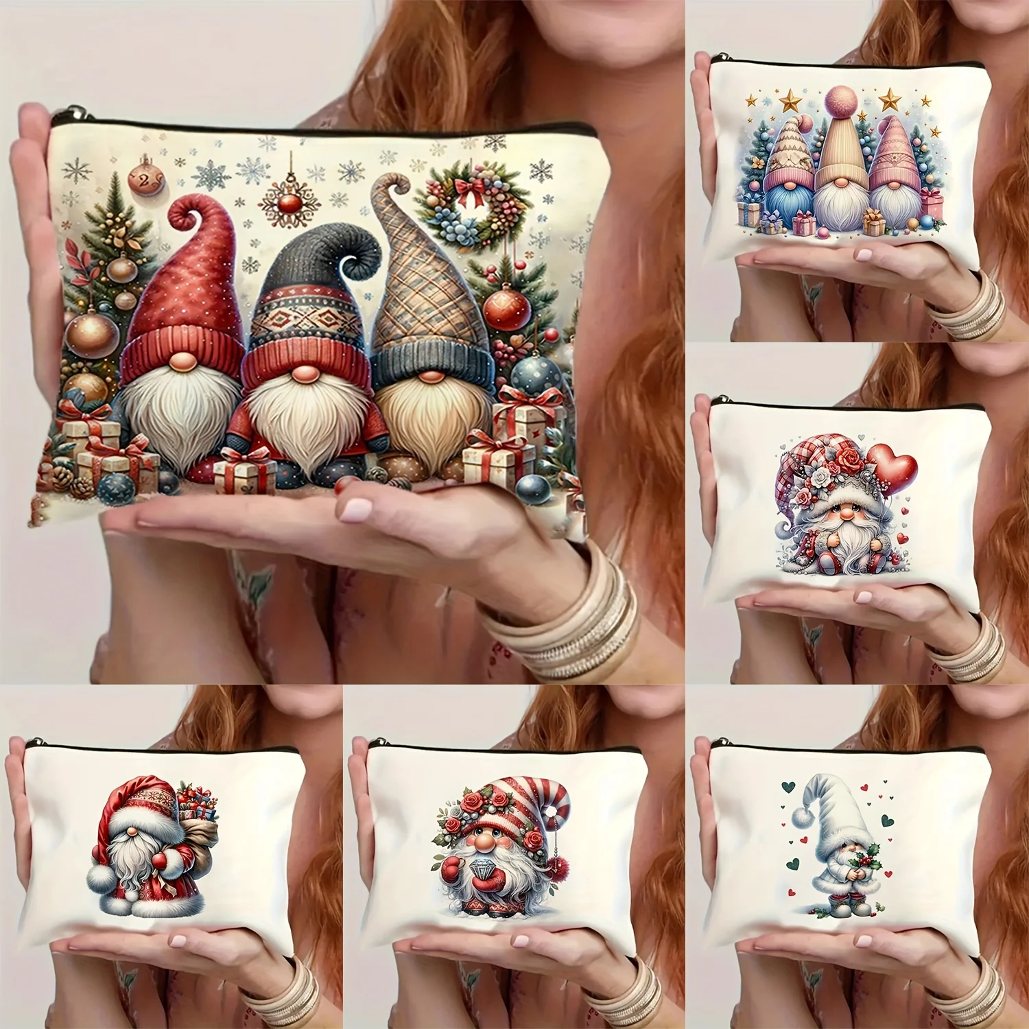 Christmas Gnome Makeup Bag Zipper Cosmetic Pouch Cute Xmas Gnomes With Tree Gift Print Portable Storage Purse Holiday Gift Women