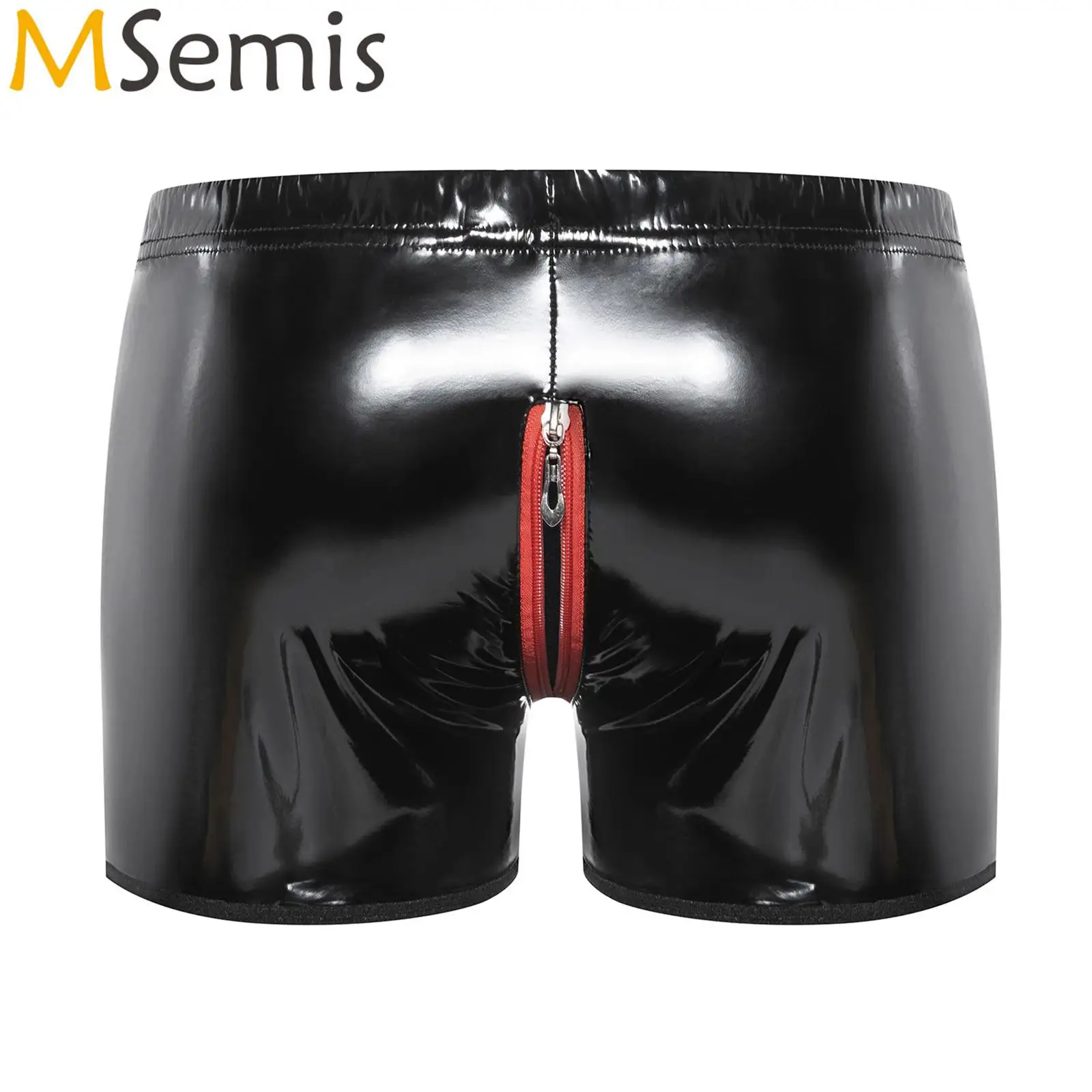 Mens Lingerie Elastic Waist Zipper Button Shorts Nightwear Latex Patent Leather Short Pants Openable Crotch Boxer Underwear