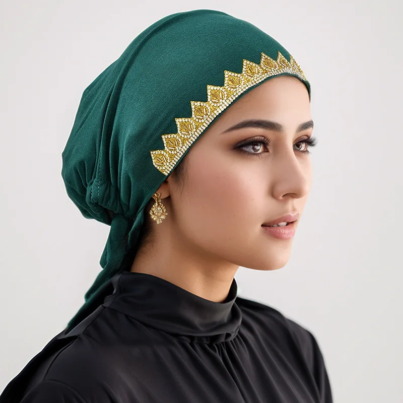 

Muslim Women Diamonds Pre-tied Turban Inner Hijab Lace Up Hat Ninja Cap Underscarf Beanies Bonnet Hair Loss Headscarf Head Wraps