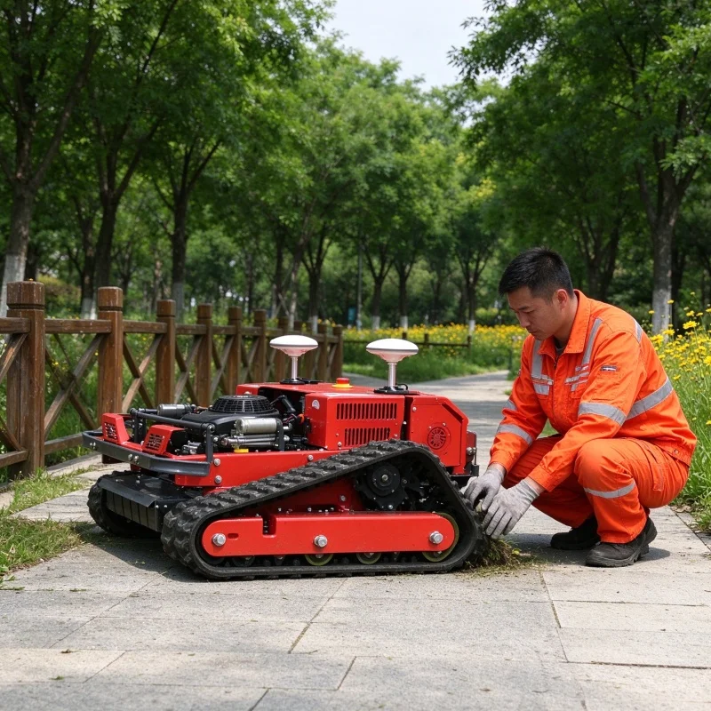 Customized High altitude remote control lawn mower, power tuned for thin air, weed clearing on plateau pasture, mountain slope