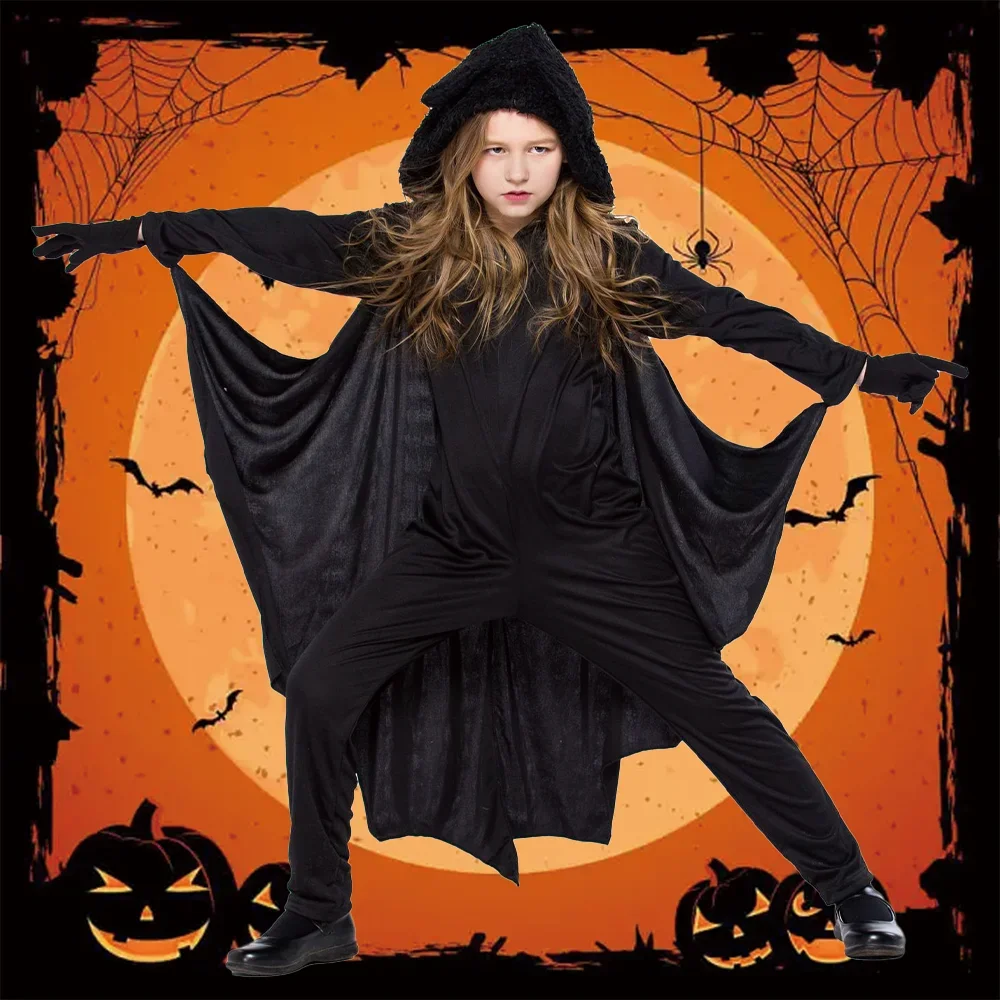 Pipistrello nero vampiro cosplay tuta con cappuccio neutro bambini costume di Halloween bambini ragazzi ragazze pipistrello animale vestito operato