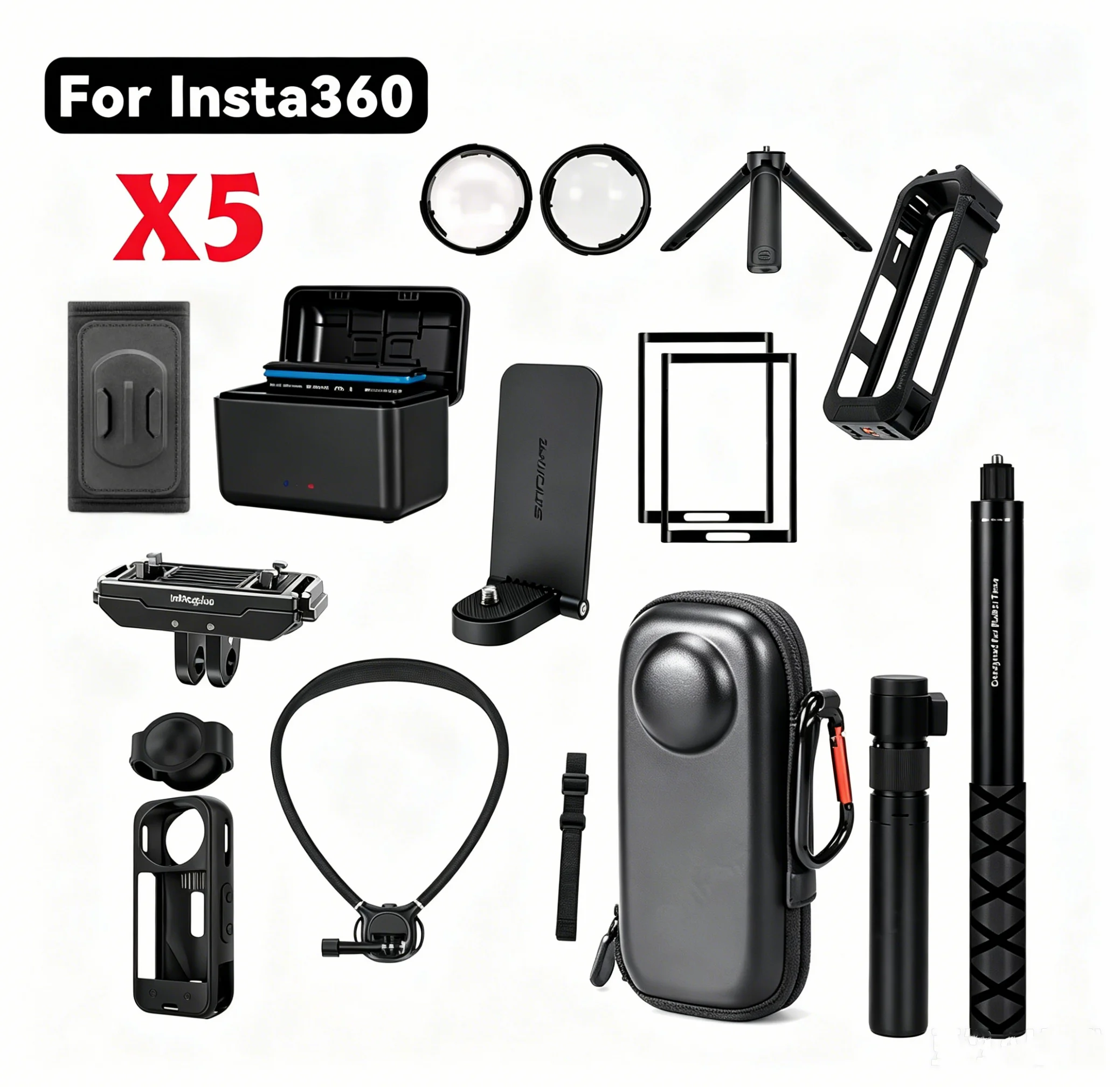 Accessories Kit for Insta360 X5 Lens Guard Protective Frame Cap Selfie Stick Storage Bag Case Screen Protector Charger
