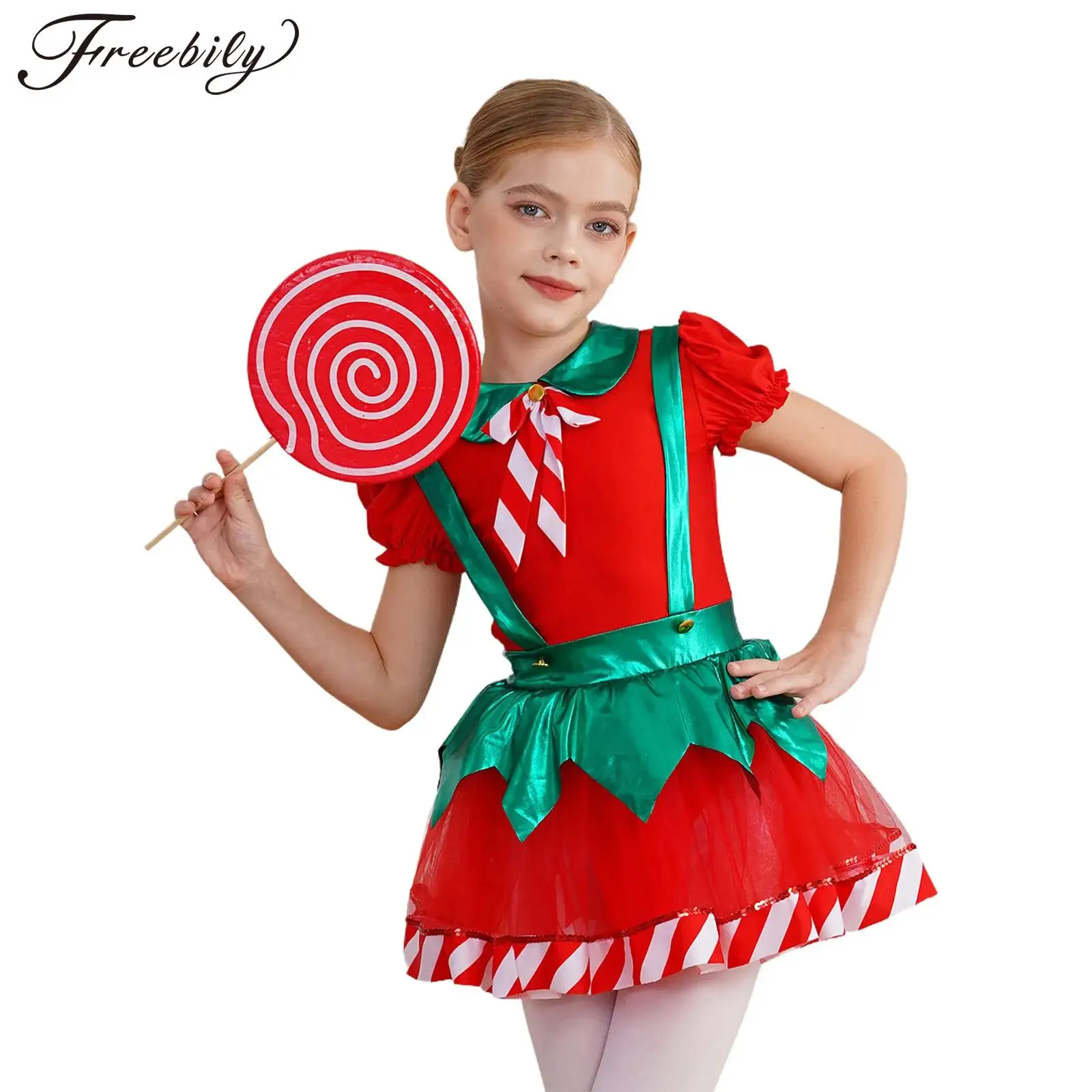 Kids Girls Christmas Party Costume Sweetie Tutu Dress Bowknot Stripes Hollow Back Ballet Dancewear Santa Claus Fancy Dress Up