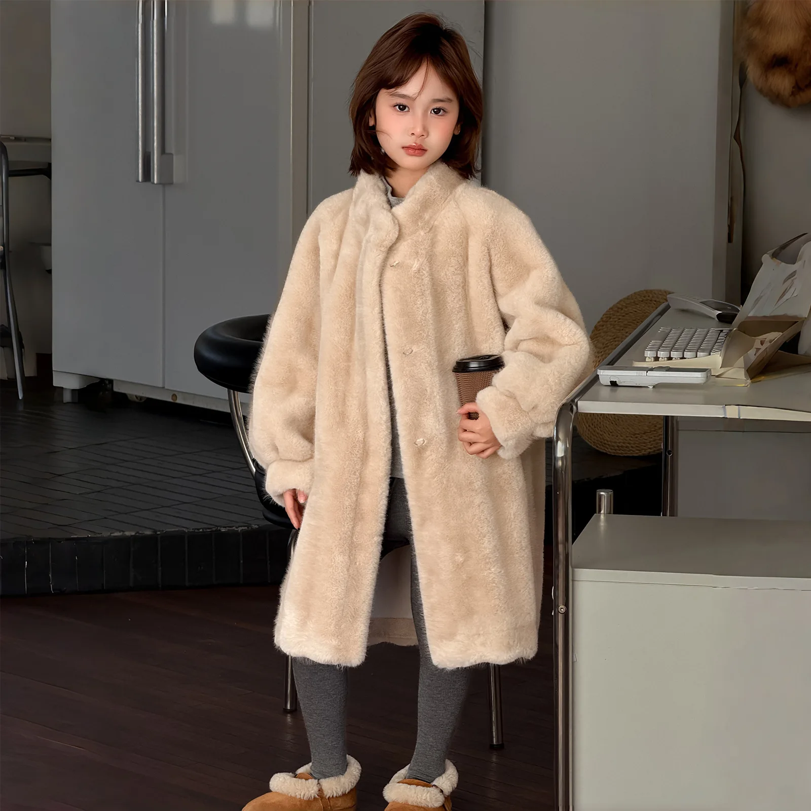 UNITIM Winter Children Girls Mid‑Length Faux Fur Coat Kids Girls Integrated Thicken Jacket Fluffy Warm Outerwear for Teens Girls