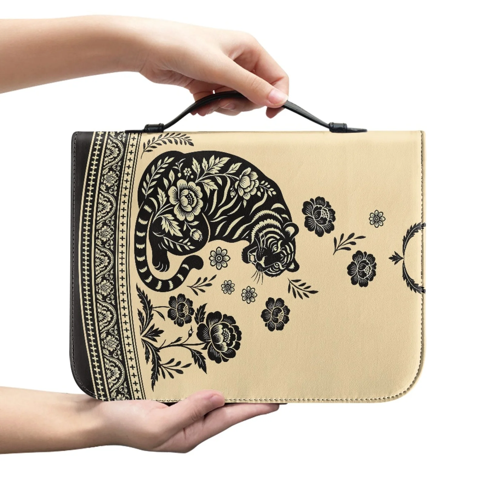 XIXIRIMIDO Tiger Floral Print 2026 Collection Zipper Bible Carrying Case Bag for Men PU Leather Church Bible Bag