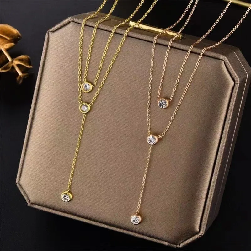 Exquisite Double Layer Crystal Pendant Necklace for Women Classic Gold Color Stainless Steel Colorfast Chokers Jewelry Accessory