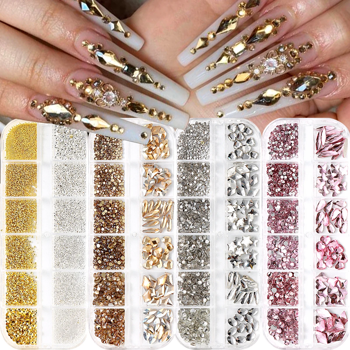 12 Grids Gold Pink Shadow Flatback Rhinestones Glitter Nail Charms Crystal Diamond Nail Art Decoration for Nails Accessories