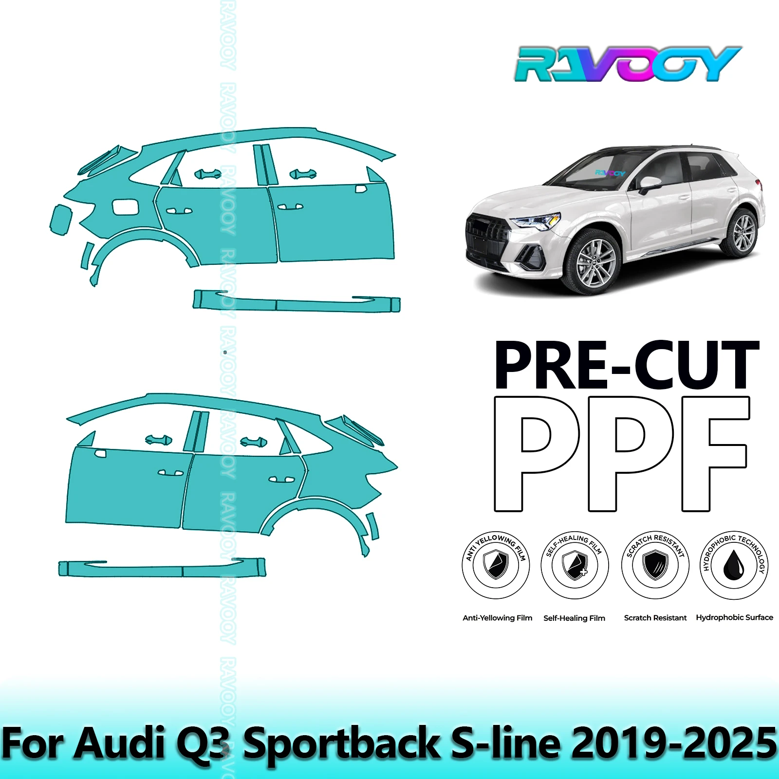 

For Audi Q3 Sportback S-line 2019-2025 8.5mil Clear Matte Pre-Cut PPF Door & A/B Pillar Kit TPU Paint Protection Film Set