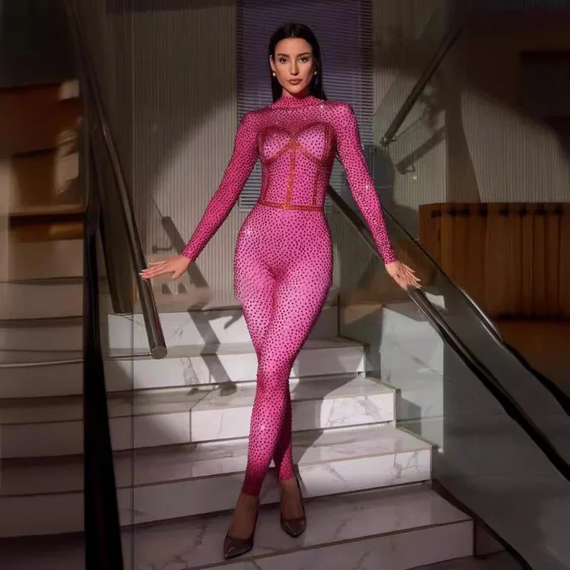 Women New Sparkly Full Rhinestones Jumpsuit Long Sleeve Nightclub Bar Prom Party Birthday Outfit Singer Stage Wear Dance Costume