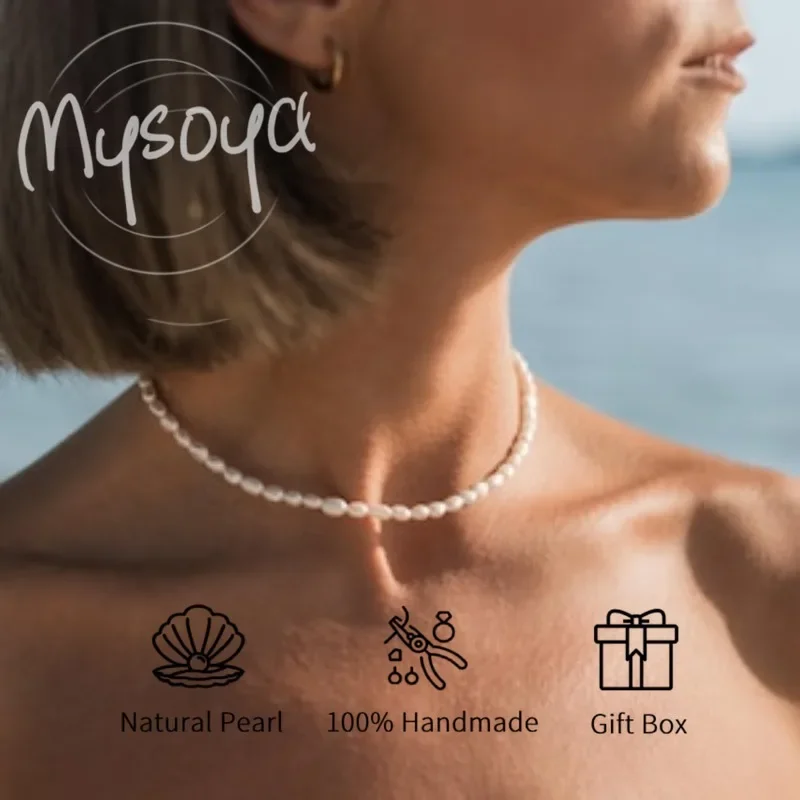 

MYSOYA Ожерелье из белого рисового пресноводного жемчуга в стиле барокко 3-4 мм с подарочной коробкой, для нее, дня рождения/свадьбы/Рождества/Нового года