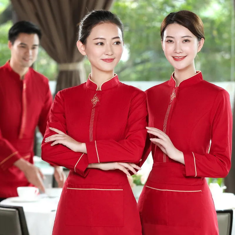 

Embroidery Hotel Waiter Workwear Women's Long-Sleeved Autumn and Winter Clothing Hot Pot Chinese Restaurant Catering