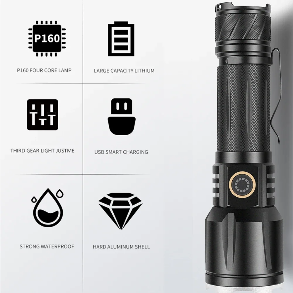 Powerful P160 LED Flashlight USB Rechargeable Torch Light Waterproof Handlight 16-Core Zoom Light Outdoor Camping Lamp Lantern