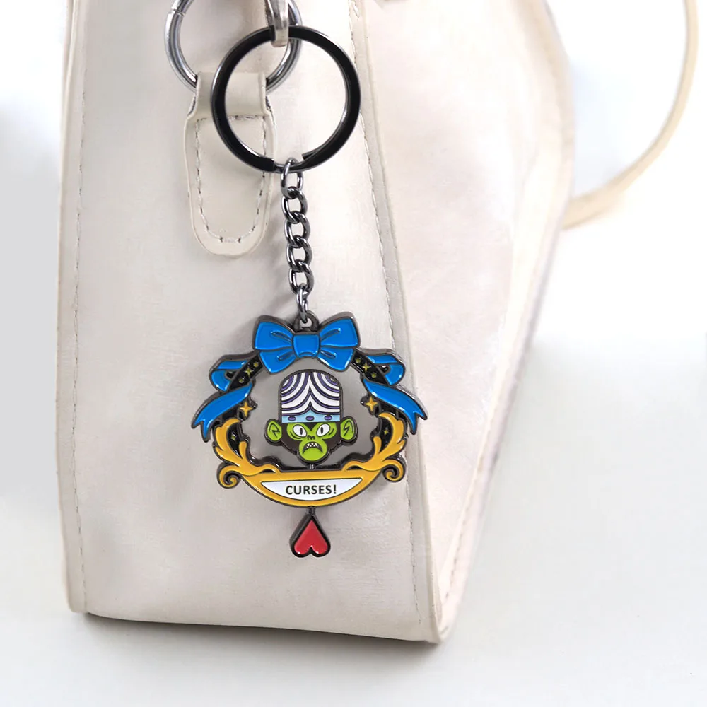 Lustiger Mojo Jojo Drehbarer Schlüsselanhänger, Doppelseitiger Spinning-Schlüsselring, Kawaii-Bösewicht-Figur, Metallanhänger, Taschendekoration, Geschenk für Fans – Detail 5