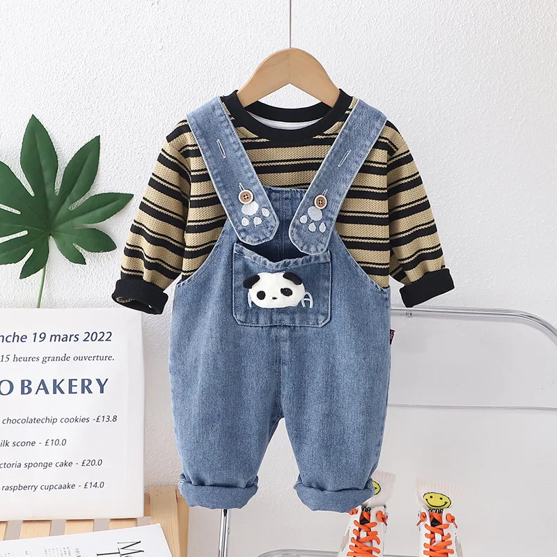 

Valentines Outfit 2024 Spring Kids Set for Girl and Boy Korea Cartoon Striped Long Sleeve T-shirts Denim Overalls Infant Clothes