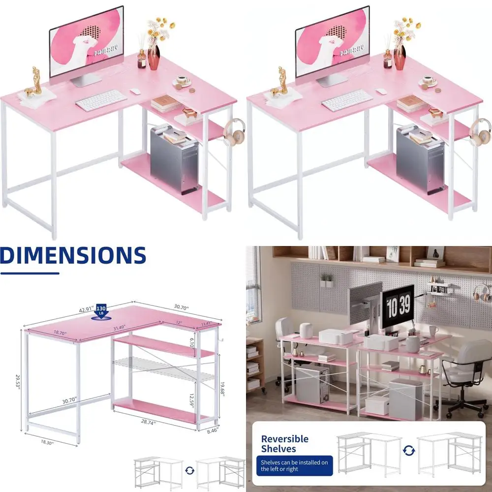

43 L-Shaped Desk with Reversible Shelves for Compact Home Office, Study or Bedroom, Pink & White