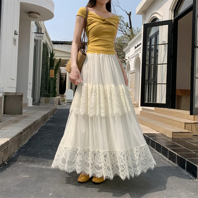 

Qiukichonson Mid Long Skirts Womens Crochet Lace Skirt 2026 Spring Summer Goth Lolita Elastic Waist Splice Ruffle Pleated Skirts