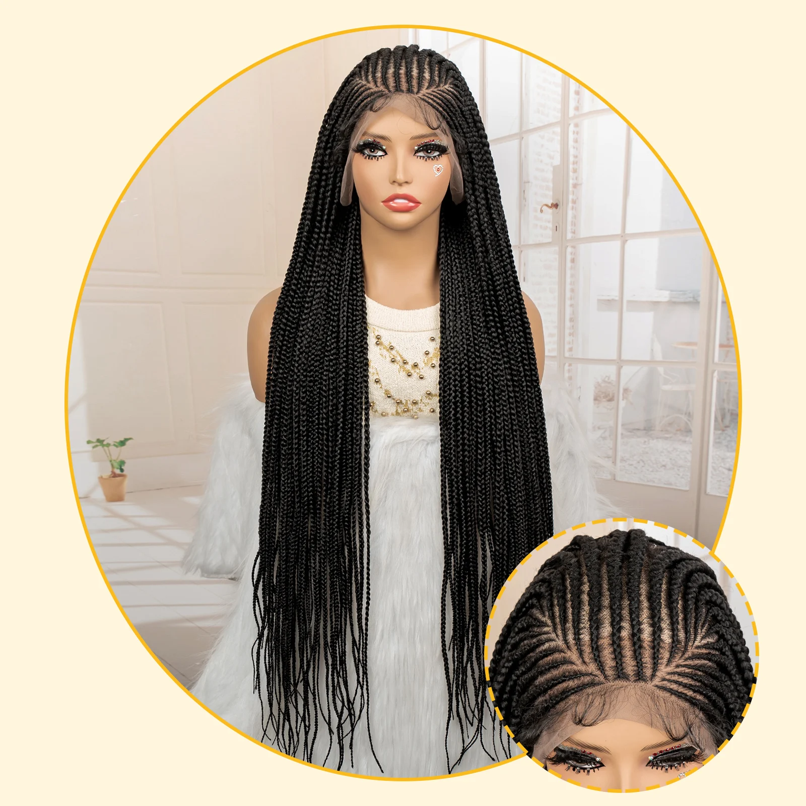 Wig Kepang Kotak Tanpa Simpul Sintetis Afrika 36 Inci Wig Kepang Renda Penuh Wig Kepang Cornrow Rajutan Buatan Tangan untuk Wanita Kulit Hitam