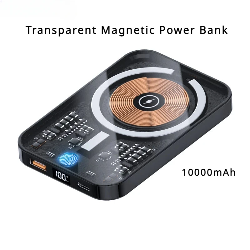 

10000mAh Transparent Magnetic Power Bank for iPhone Xiaomi Samsung 15W Wireless Fast Charger Portable External Battery Powerbank