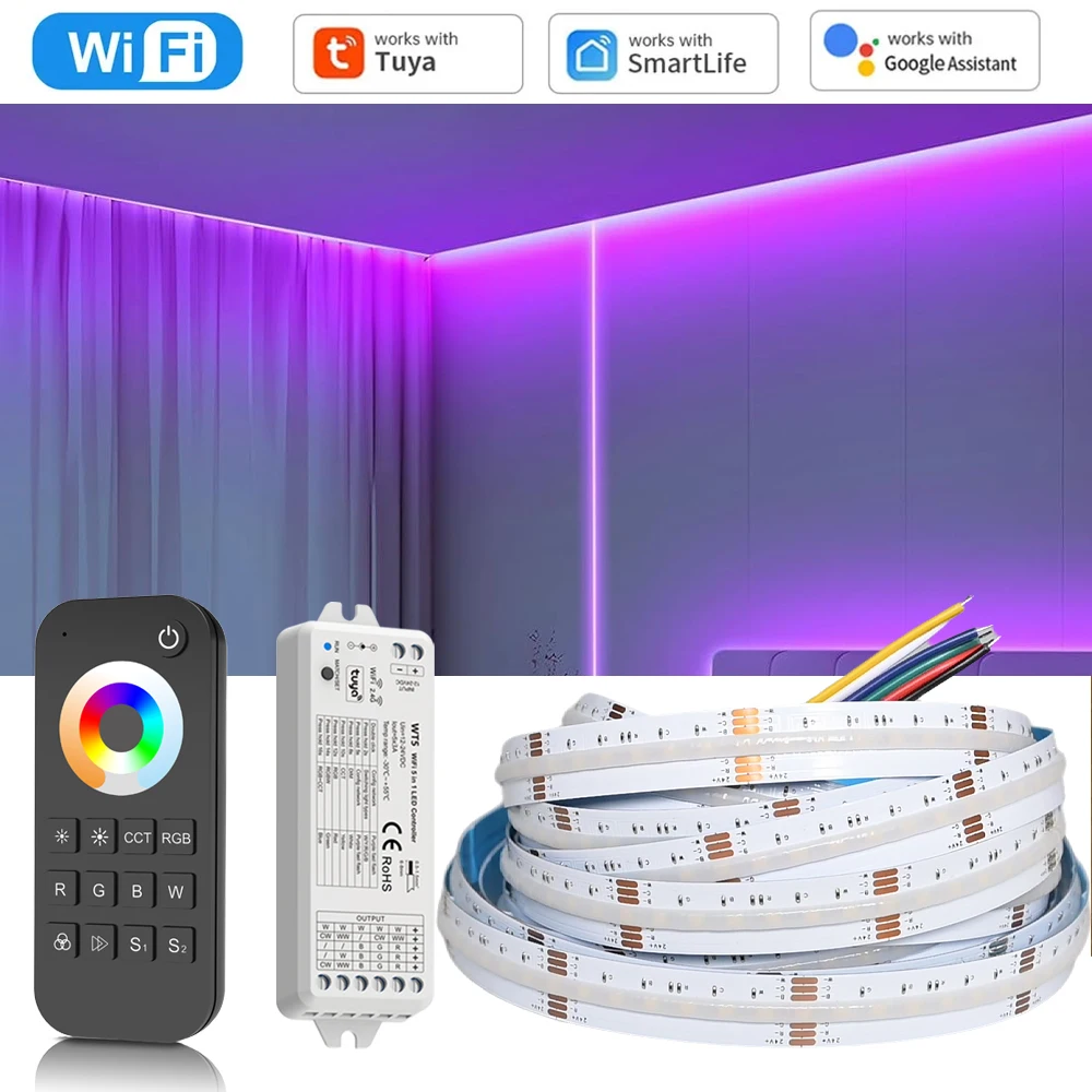 

10M 20M Tuya WiFi COB RGB+CCT LED Strip RF Remote Control 24V Dimmable Dotless Adhesive Bed Room Light fr Alexa Google Assistant