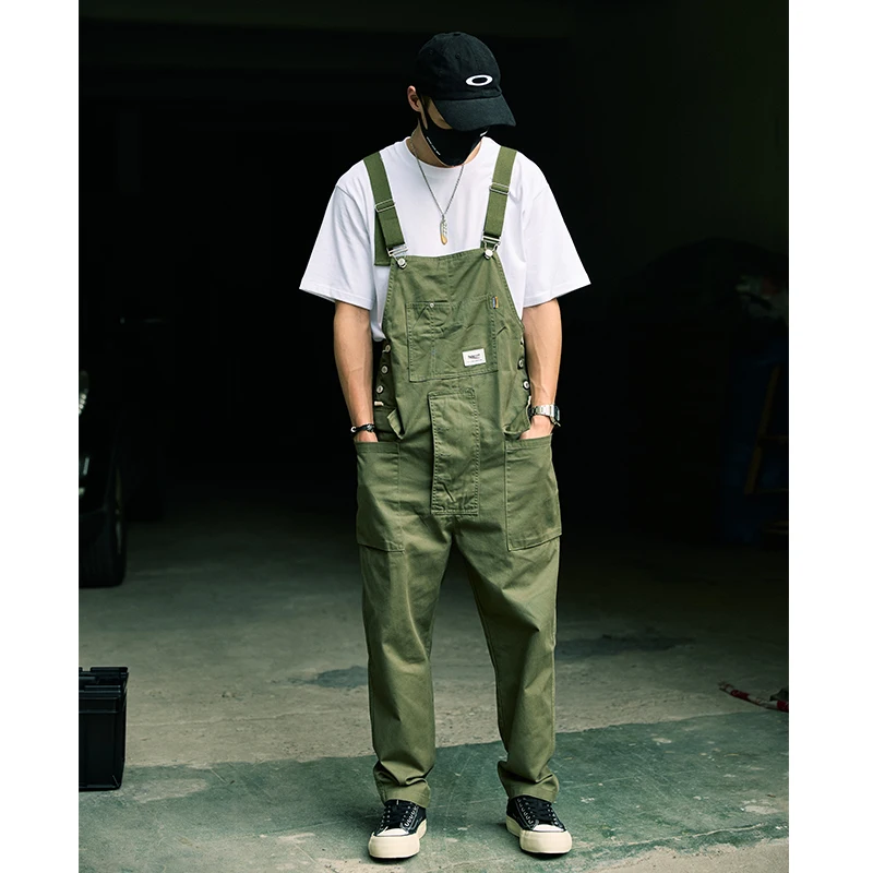 레트로 아메리칸 코튼 오버올 빕 루즈핏 패션 점프수트 남성 서스펜더 사계절 풀 기장 배기 카고 팬츠 스트릿웨어