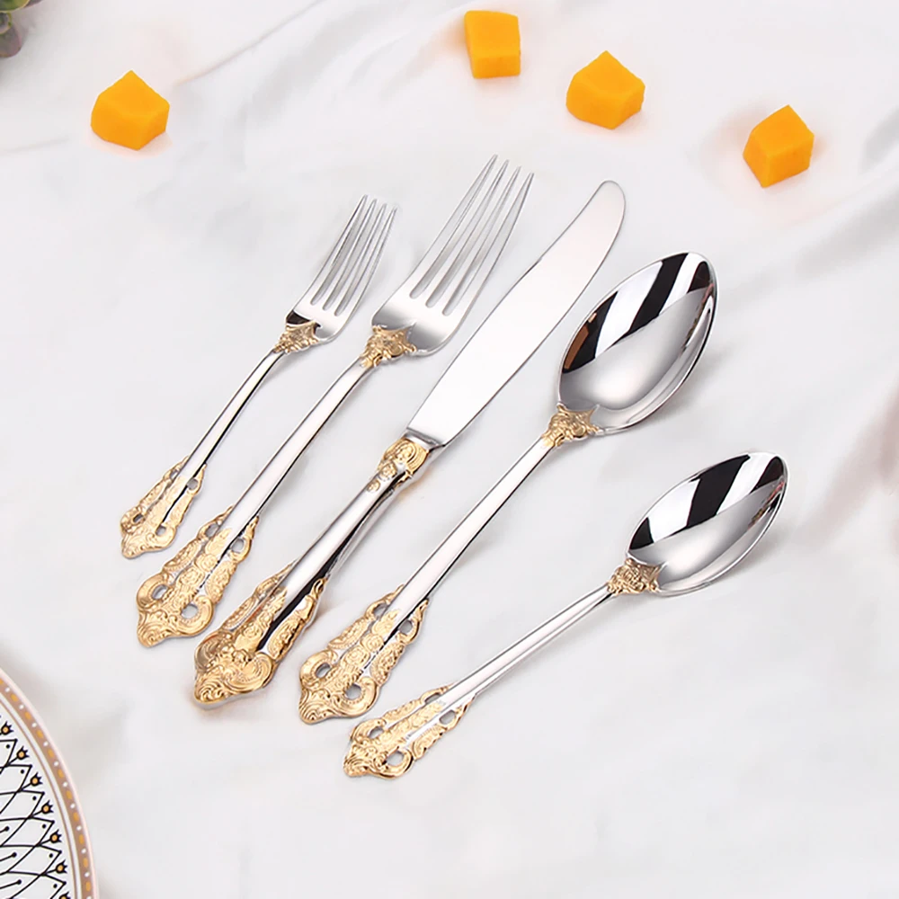 30 Pieces Gold Plated Luxury Cutlery Set Stainless Steel Vintage Western Tableware Sliver Knife Spoon Fork Set Kitchen Utensils