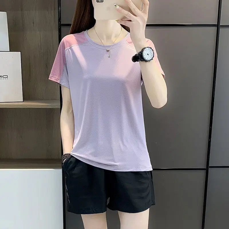 2023 New Summer Fashion Simple Round Neck Panel Contrast Color Casual Loose Ultra Thin Ice Silk Sports Running Quick Dry T-shirt