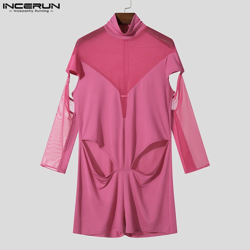 INCERUN Men Casual Hollow Desgin Simple Bodysuits 2024 Well Fitting Comfortable Homewear Home Long Sleeved Solid Living Clothes