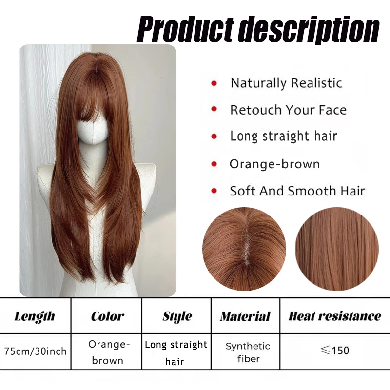 Wig untuk wanita dengan rambut lurus panjang, coklat oranye, Lolita kelas atas, perawatan kecantikan harian, dan set kepala penuh anti penuaan