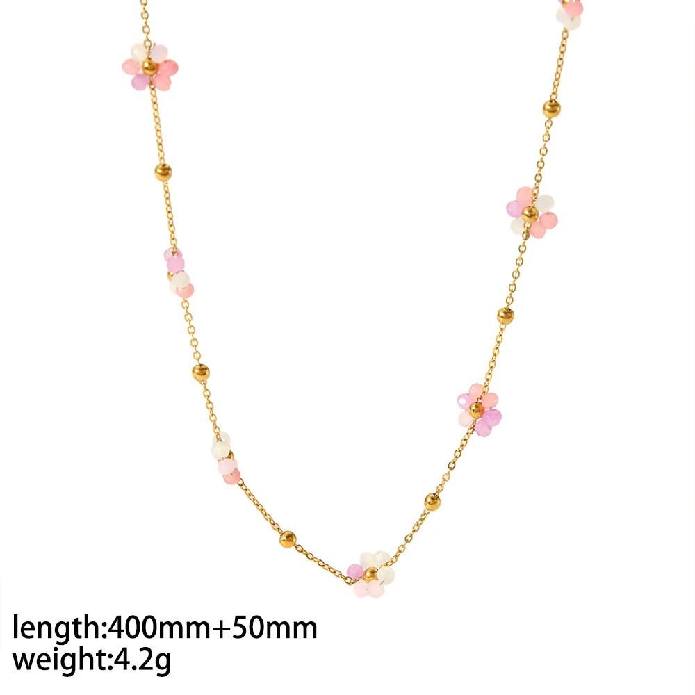 Modisches Edelstahl-Armband und Halskette Set mit Handgewebten Kristallen und Bunten Blumen, Wasserdichtes Charm-Schmuckset für Frauen – Detail 9