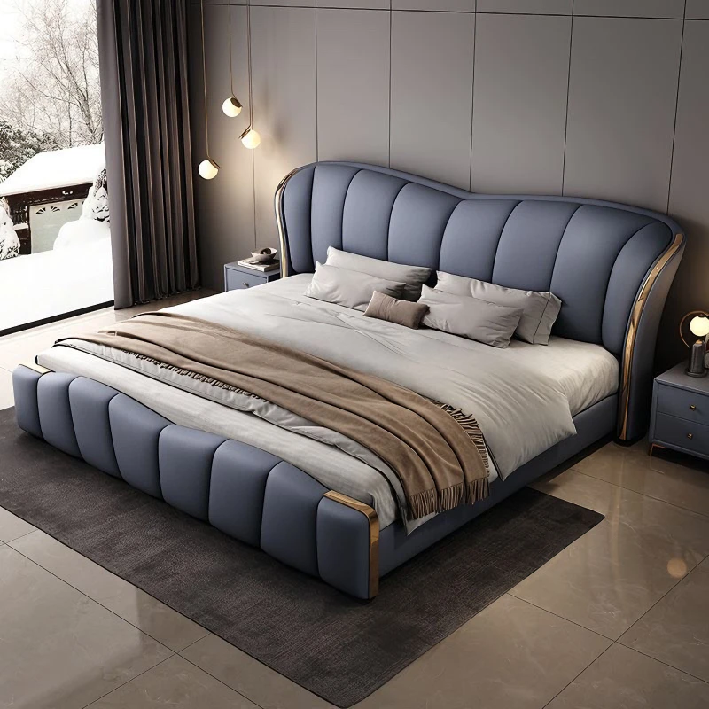 Modern fashion light luxury style leather upholstered bed, simple design, pine frame, with storage space