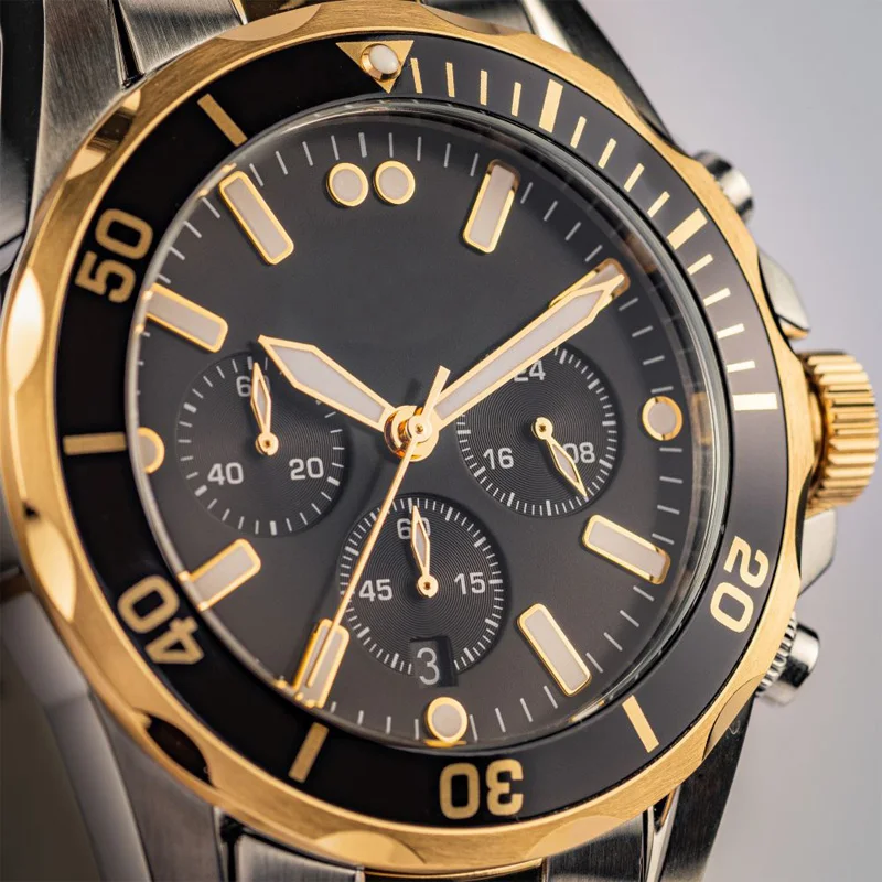 Business Men's Watch Multi functional Waterproof Stainless steel Bracelet Quartz Watches Aluminium Bezel PVD Gold 20ATM