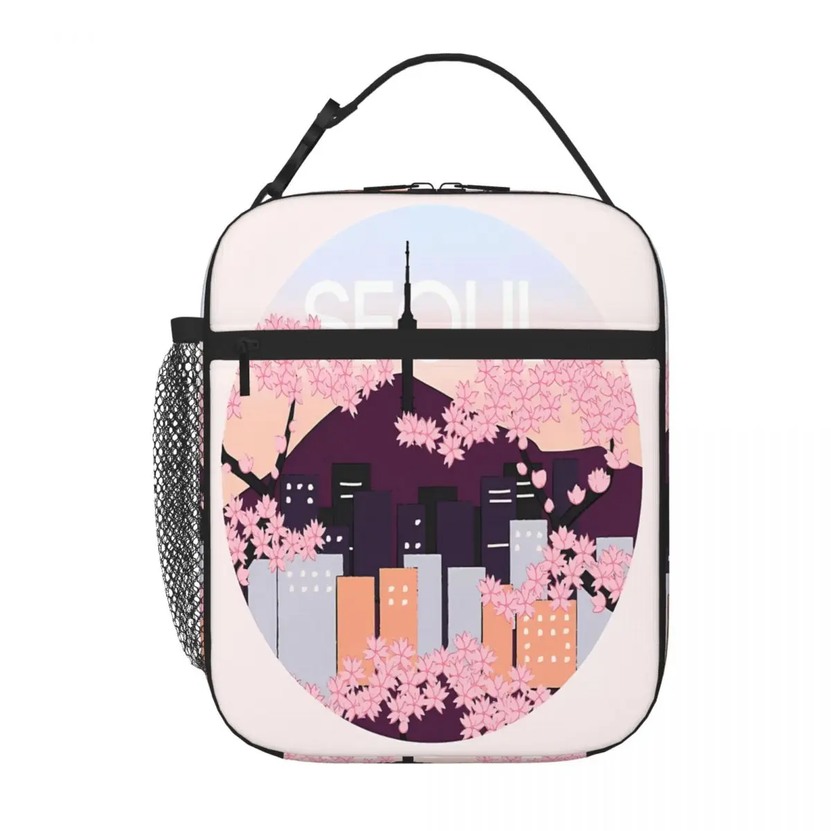 Bestselling Seoul Tower With Woodblock Style Cherry Blossoms Striped Compact Lunch Bag Preschool Lunch Thermal Lunch Bag