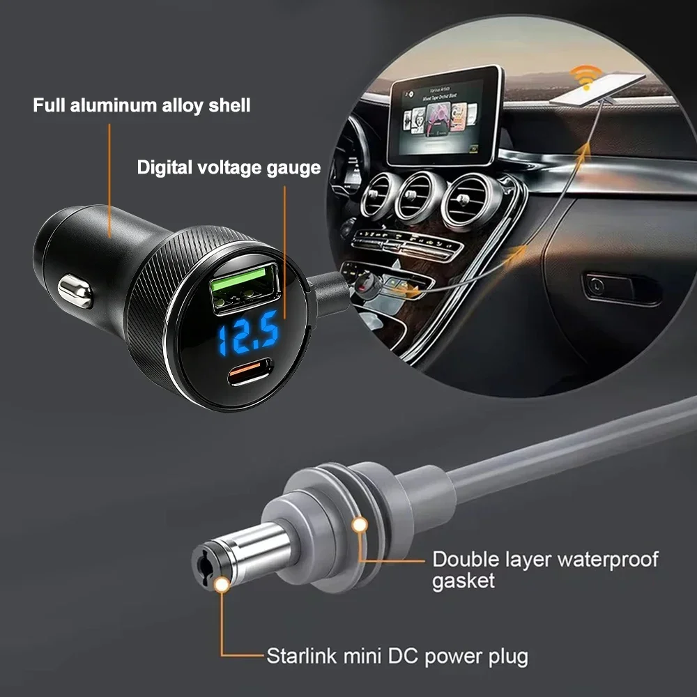 For Starlink Mini Car Charger 12V-24V to 30V 2A Step Up Converter With Digital Voltage QC3.0+PD Power Adapter Auto Accessories