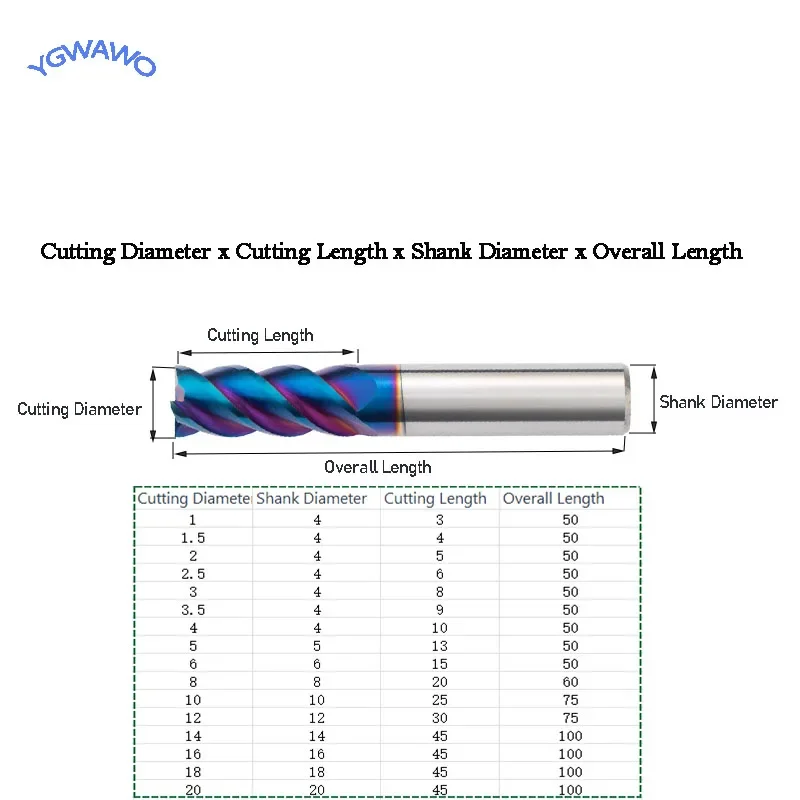 HRC65° 4 Flute TCT End Milling Cutter Set 1/2/3/4/5/6/8/10/12/14mm CNC Carbide Tungsten Steel Coated Lathe Machining Tools