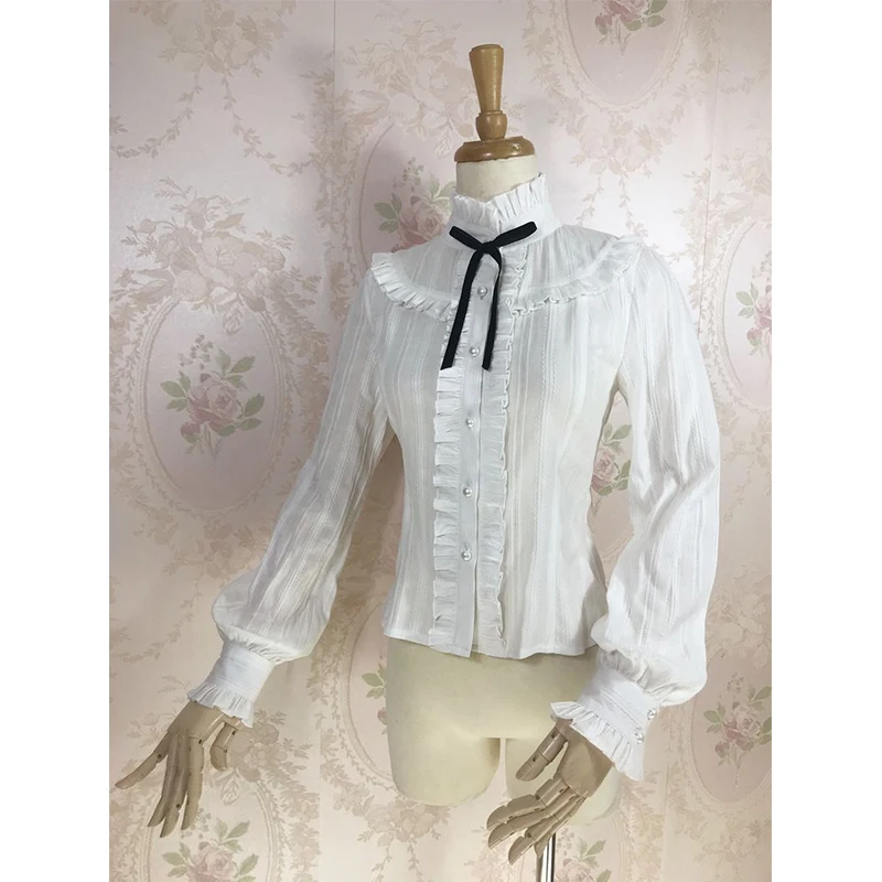 

Kawaii White Bow Shirts Women Lolita Cutecore Cropped Pink Ruffles Patchwork Blouses Japanese Harajuku Stand Long Sleeve Tops