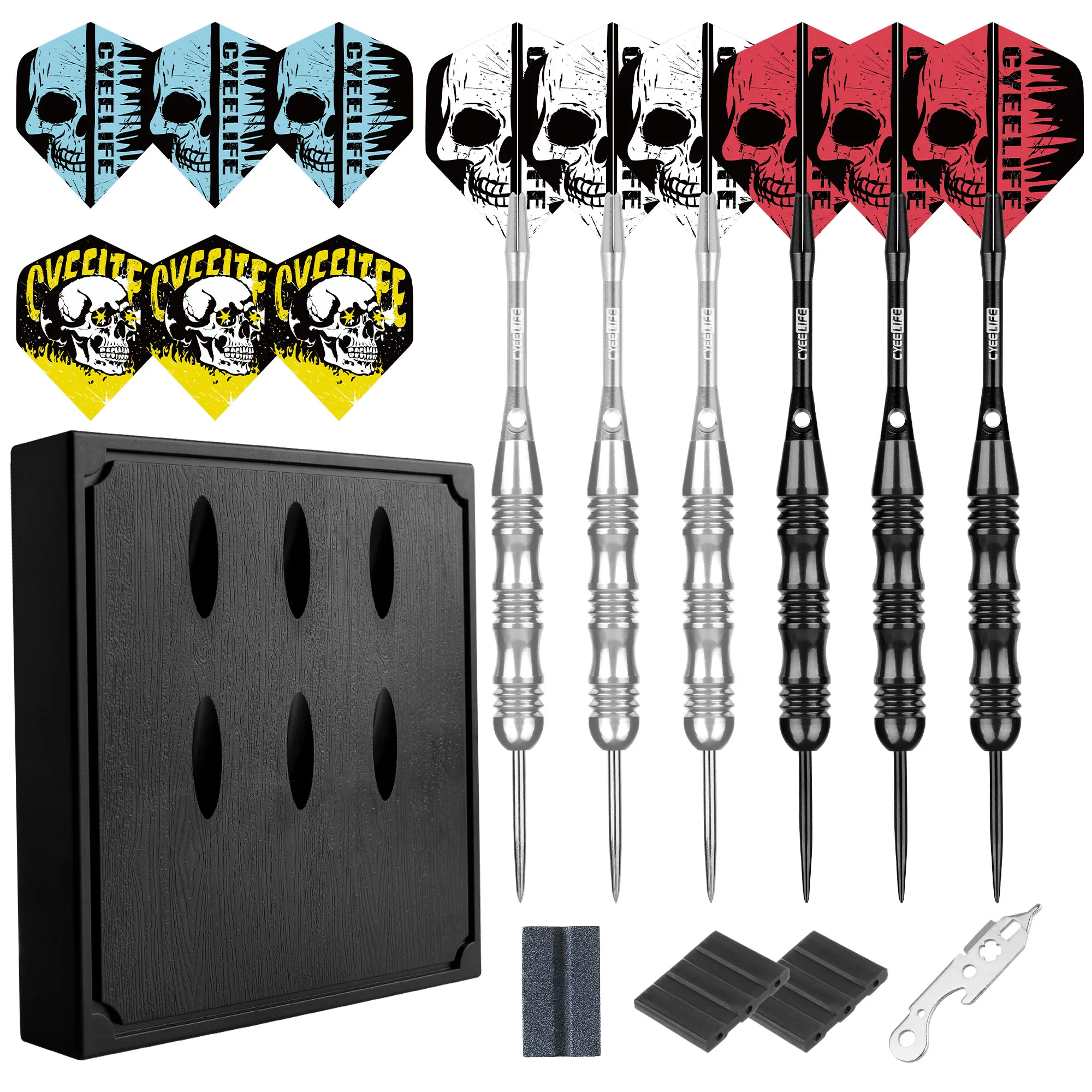 Cyeelife Professional 26g Steel Tip Darts Set (6-Pack) with Dart Stand, Sharpening Stone & Accessories Tool - Heavy Duty Tungste