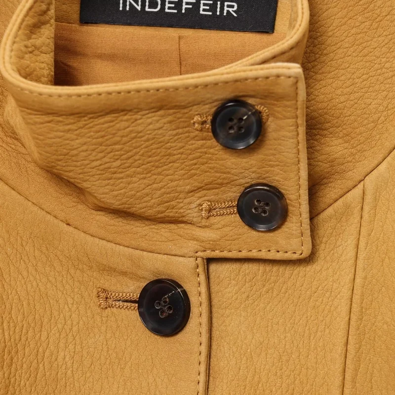 KEYANKETIAN Jesienno-zimowa nowa damska kurtka skórzana wiatroodporna z wysokim kołnierzem zapinana na jeden guzik, kurtka pilotka, płaszcz skórzany damski