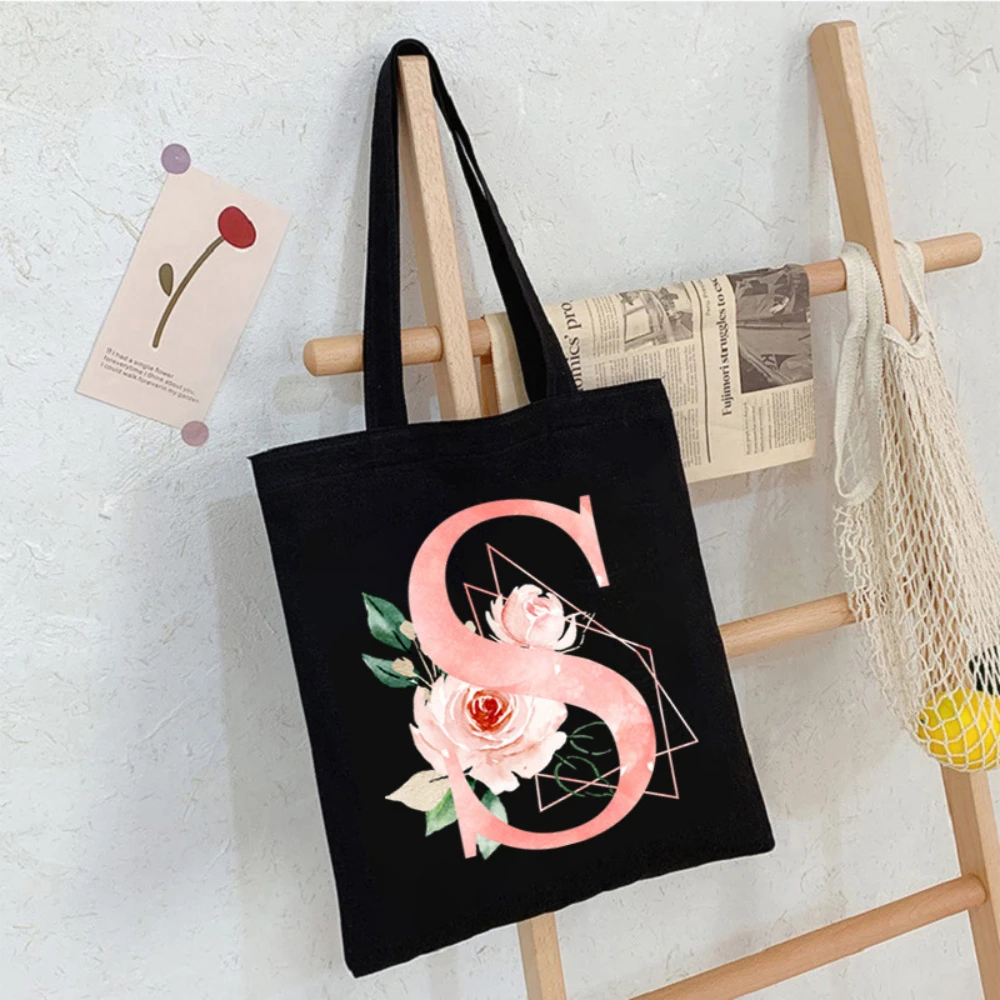 Monogram Initial Floral Canvas Tote Bag, Pink Flower Letter Print Reusable Shoulder Bag, Aesthetic Handbag for Bridesmaid, Gift