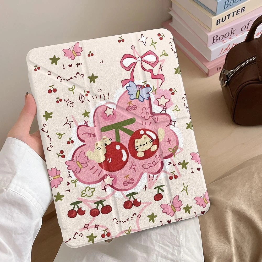 Cute Cherry Cat Tablet Case For iPad Pro 11 12.9 13 A16 M2 M4 M3 M5 Shell 8.3 9.7 10.2 5/6/7/8/9/10/11th Mini Air 3 4 5 6 Cover