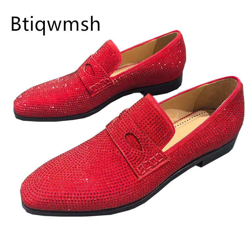 

Red Rhinestone Shoes Man Pointed Toe Eyes Decor Slip On Flats Male Fashion Wedding Shoes