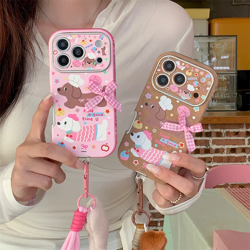 

Korean Cute Bow Cartoon Dog Phone Case For iPhone 17 Pro 15 14 16 Pro Max Cover Shockproof Protective Cases with Pendant Strap C