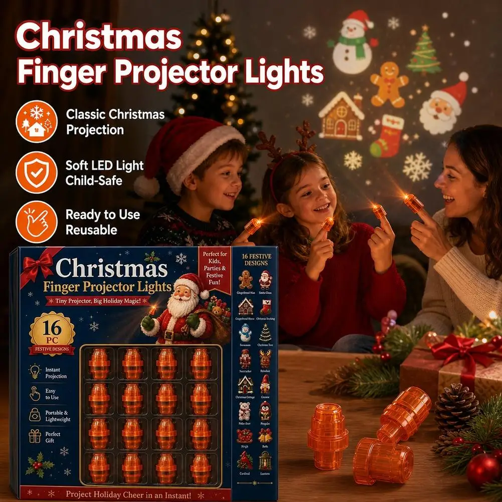 Christmas LED Projection Finger Lights Reusable 16Pcs Kids LED Finger Light Toy Christmas Pattern Projection Holiday Party Gift