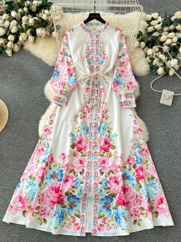 Women Bohemian Lantern Sleeve Robe Femme Vintage Slim Waist Temperament Dress 2024 Vestidos De Mujer Autumn Floral Dresses Wj