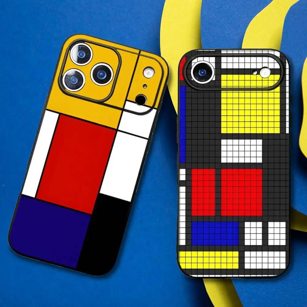 

TOPLBPCS Mondrian Grid Phone Case For iPhone17,16,15,14,13,12,11 Plus,Pro Max Soft Black Cover