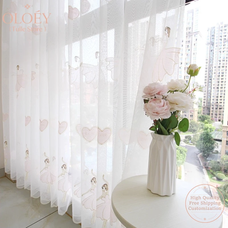 Princess Ballet Dancer Sheer Curtains for Girls Room Embroidered Window Drapes Sweet Yoga Dance Studio Fairy Decor Elegant Tulle