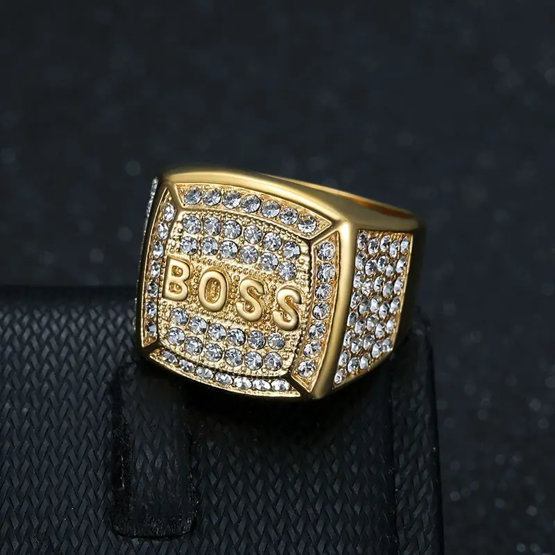 Hip Hop Bling Iced Out Ring para homens, anéis de dedo BOSS de aço inoxidável, jóias Rapper, cor prata dourada, transporte da gota